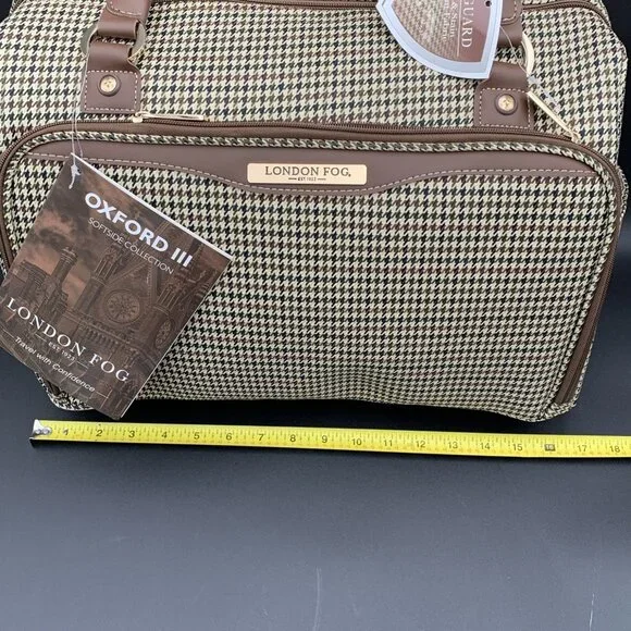 London Fog Oxford III Olive Houndstooth Carry On Duffel Bag Leather Trim 16" - Picture 2 of 8